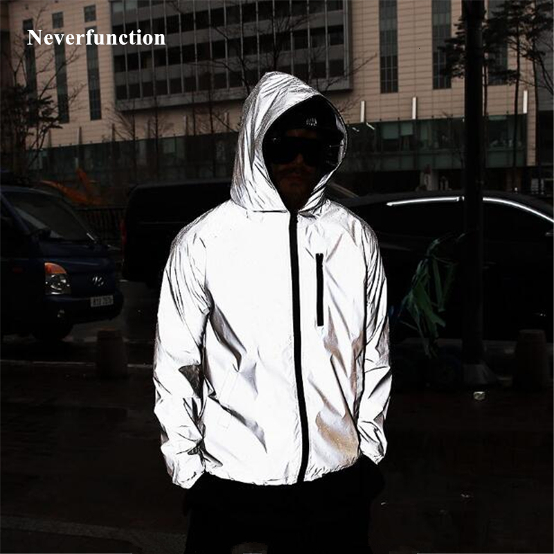 

Men' Jackets Plus Size 4XL Men Spring Autumn full reflective Windbreaker waterproof Jacket male High street hip hop Loose Hooded Coats 230316, Black