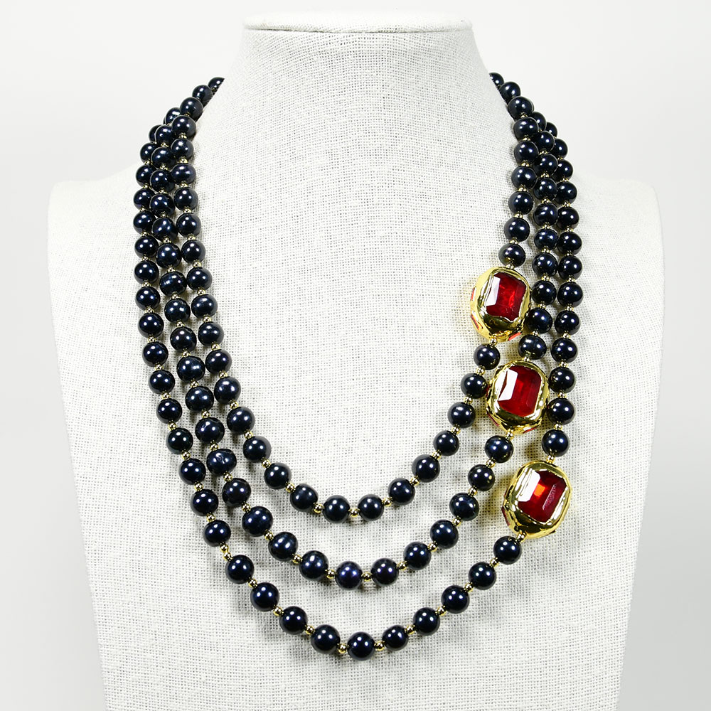 

20" 3 Rows Cultured Black Pearl Beaded Necklace Red Glass Gold color Plated Connector Chokers Luxury Wedding For Women