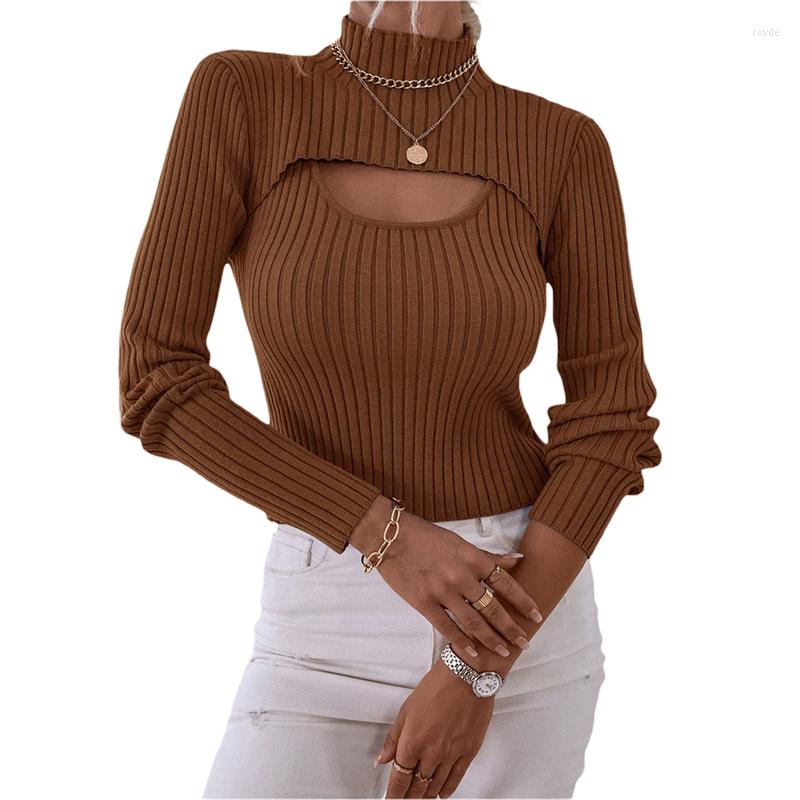 

Women's T Shirts Autumn Spring Casual Basic Knitted Crop Tops Women Solid Color Long Sleeve High Neck Cover And Ribbed Sling Vest Streetwear, Orange red