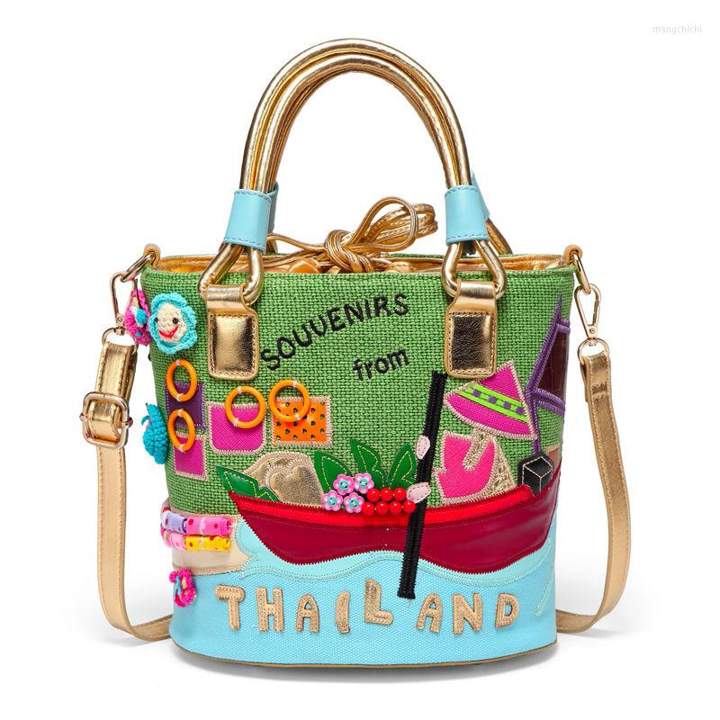 

Evening Bags Original Autumn And Winter Ladies PU Leather Hand-embroidered Hit Color Drawstring Trendy One-shoulder Messenger Bag, Canvas green
