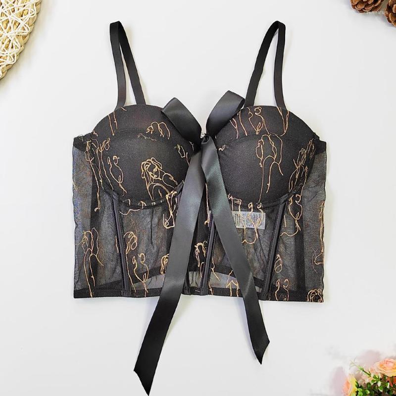 

Women' Tanks Women Fashion Sexy Bow Perspective Thin Fishbone Bra Embroidery Camis Sleeveless Short Bustier Corset Crop Tops E687, Black