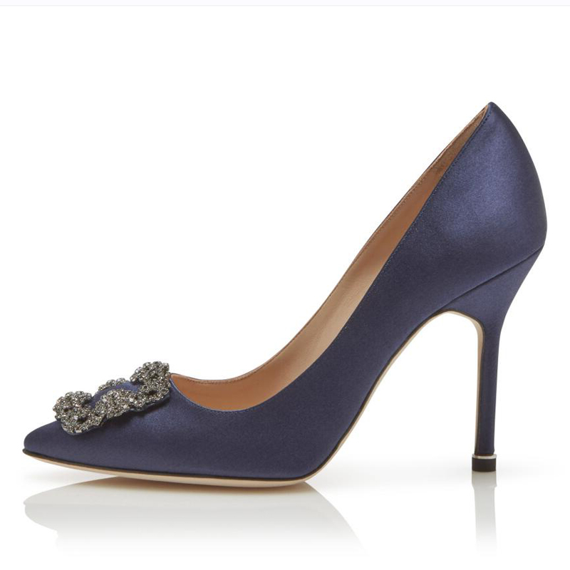 

Fashion Women Sandals Pumps Senior HANGISI 105 mm Navy Lilac Yellow Satin Jewel Buckle Pump Italy Lady Pointed Toe Designer Wedding Party Sandal High Heels Box EU 35-43, #2