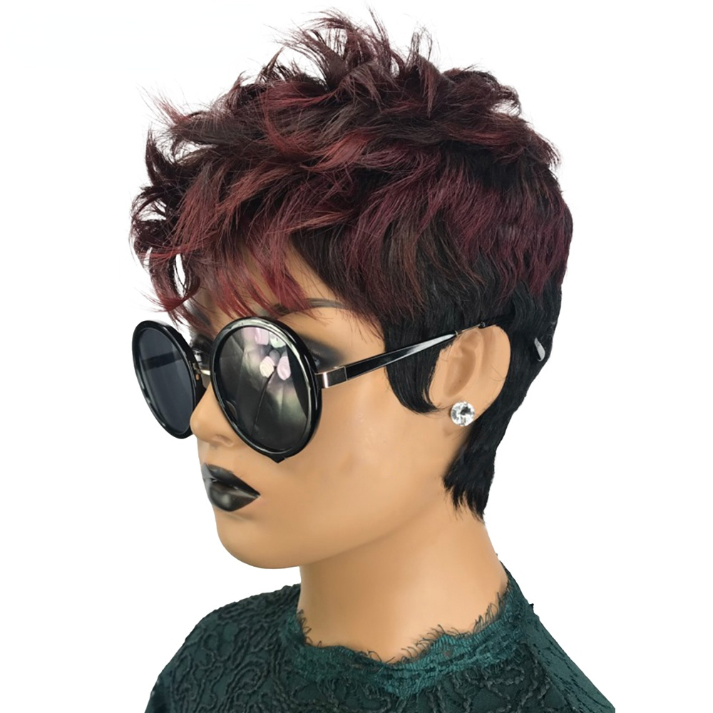 

Short Human Hair Wig Ombre Burgundy Red Pixie Cut Curly Brazilian Human Hair Wigs for Black Women Virgin Full Lace Front Cheap Glueless Wig, Customize