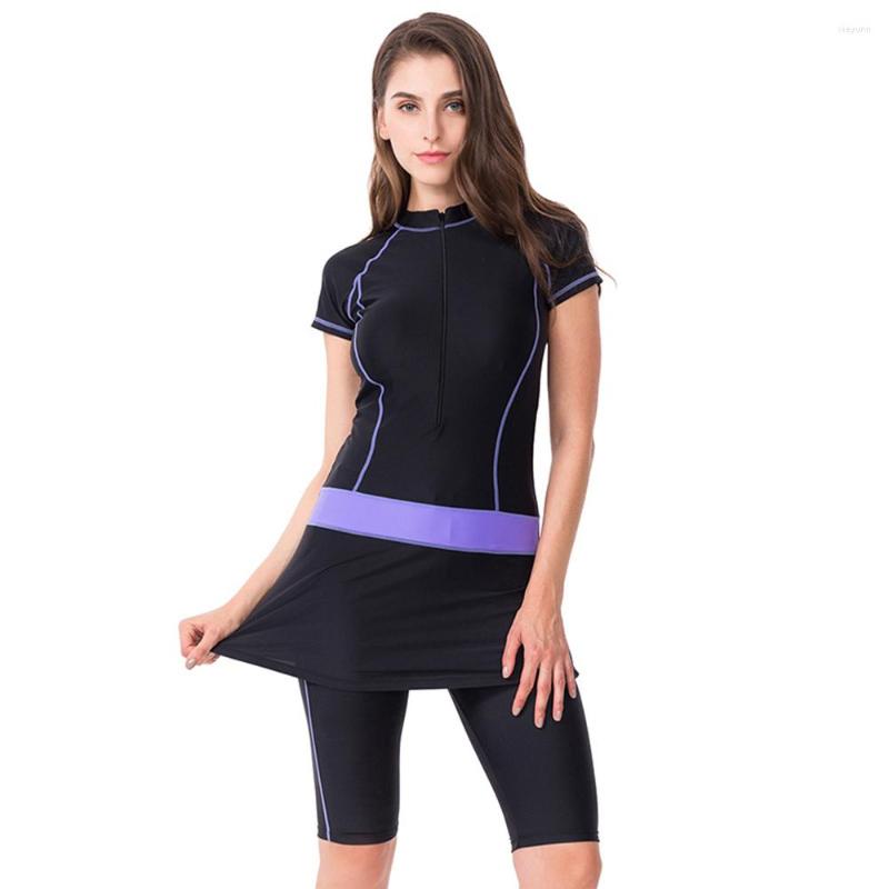 

Women's Swimwear Women's Two-Piece Skirt Swimsuit Professional Water Sports Surfing Suit Trousers With Zipper Sunscreen, Black