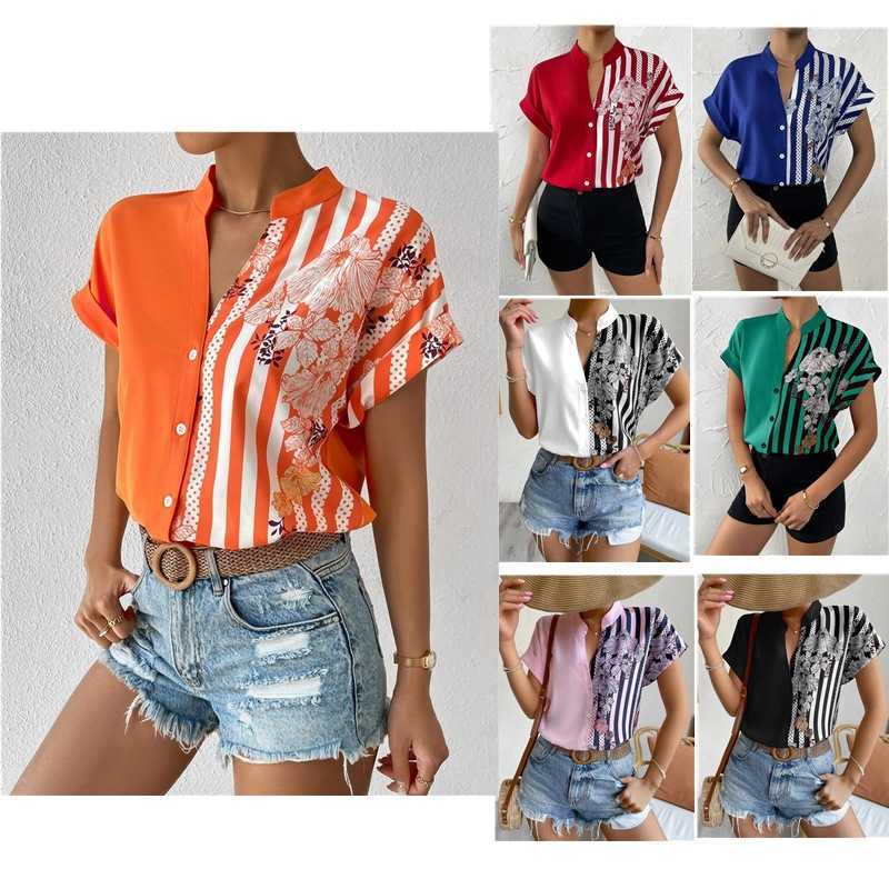 

2023 women' summer new double-contrast flower button cardigan short-sleeved shirt women, Blue