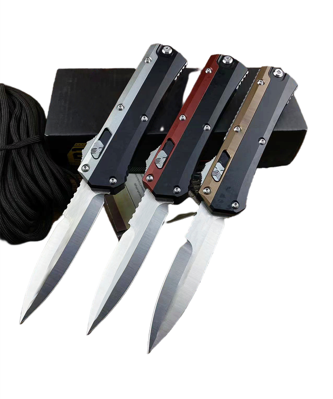 

High Quality H2023 Automatic Tactical Knife D2 Satin Spear Point Blade Two-tone CNC 6061-T6 Handle 3-sided Switch EDC Pocket Knives With Nylon Sheath