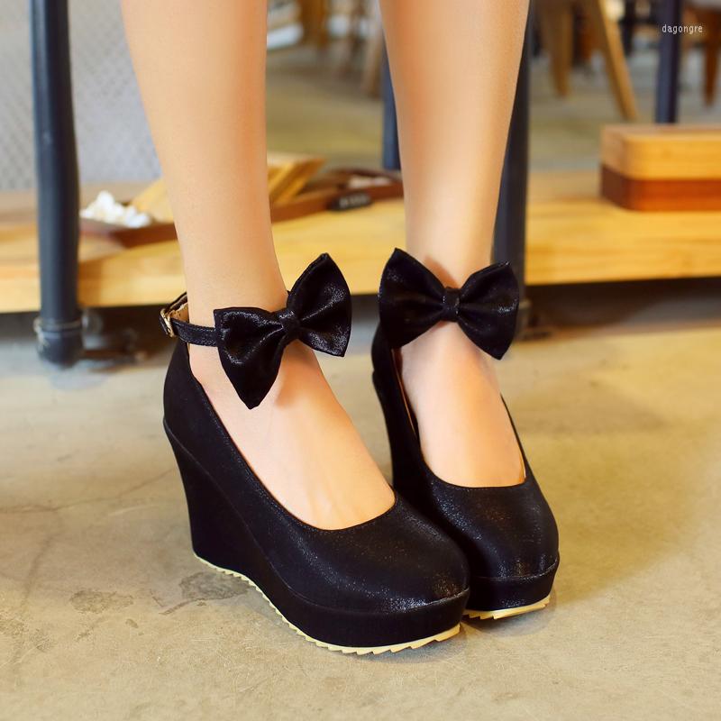 

Dress Shoes Wedge Pumps For Women Platform High Heels Woman Spring Round Toe Bow Satin Party Black Red Gold Big Size45 46