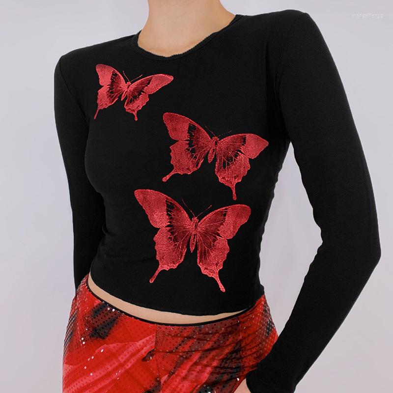

Women's T Shirts Womens Casual Long Sleeve T-Shirt Personality Butterfly Printed Round Neck Exposed Navel Tops 90s Retro Style Black S  L