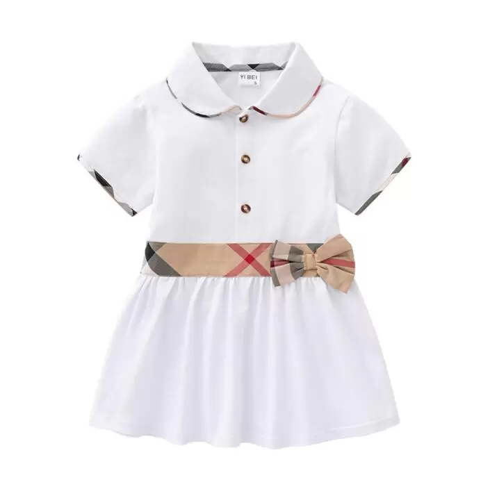 

2023 Summer Baby Girls Princess Dresses With Bowknot Cotton Kids Turn-Down Collar Short Sleeve Dress Cute Girl Plaid Skirt Children Clothes Age 1-6 Years, White