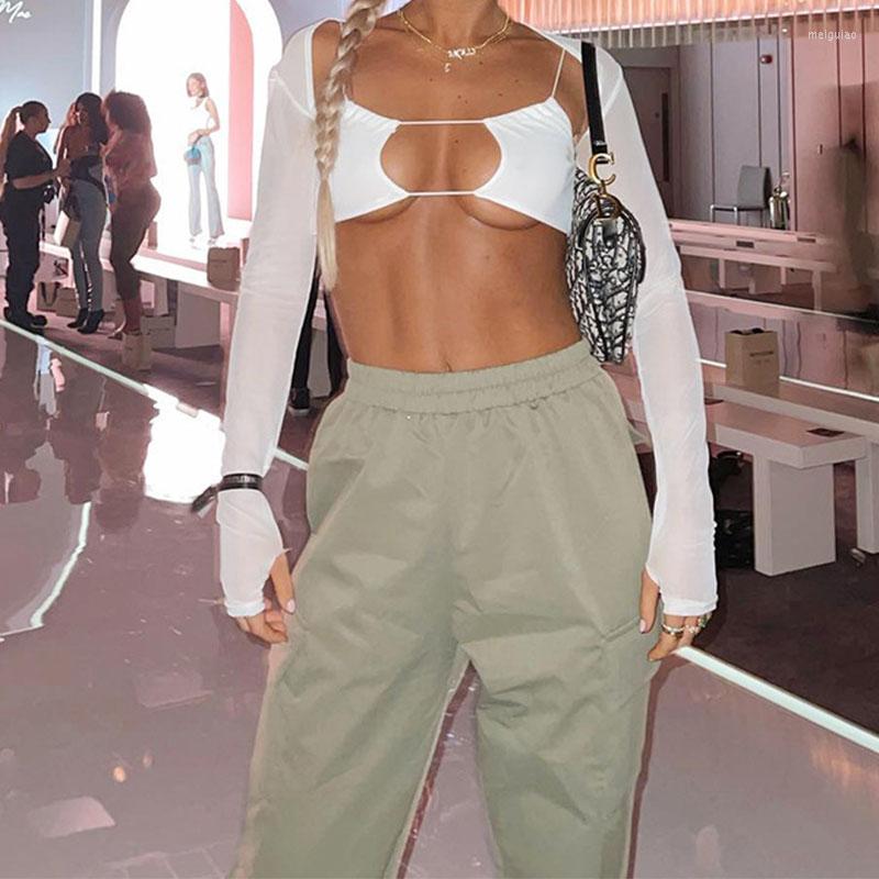 

Women' Tanks 2023 Summer Y2k High Street Casual Two Pieces See-through Mesh Long Sleeve Cover-up Shawl And Hollow Out Sling Tank Top Sexy, White