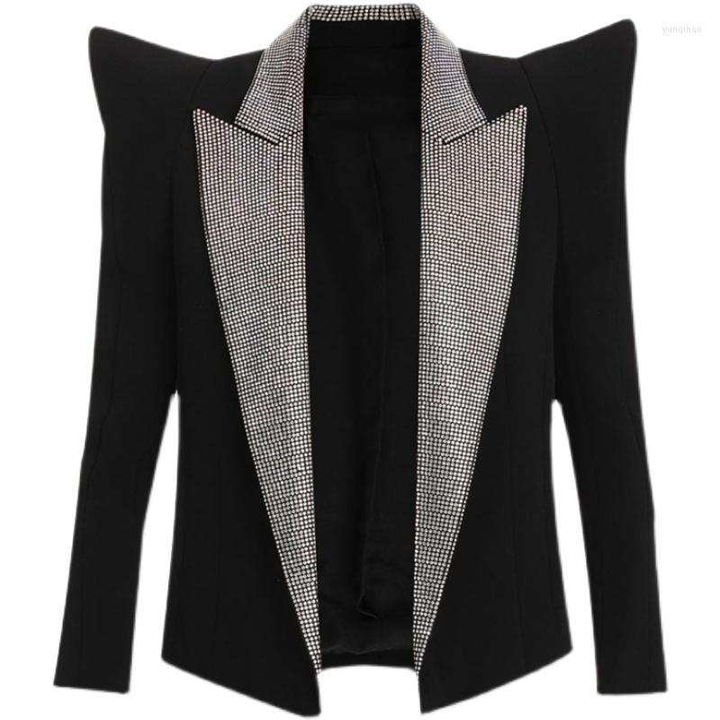 

Women' Suits Black Suit Jacket Women' Catwalk Shiny Diamond Stage Party Collar Stand Shoulder Cardigan Blazers