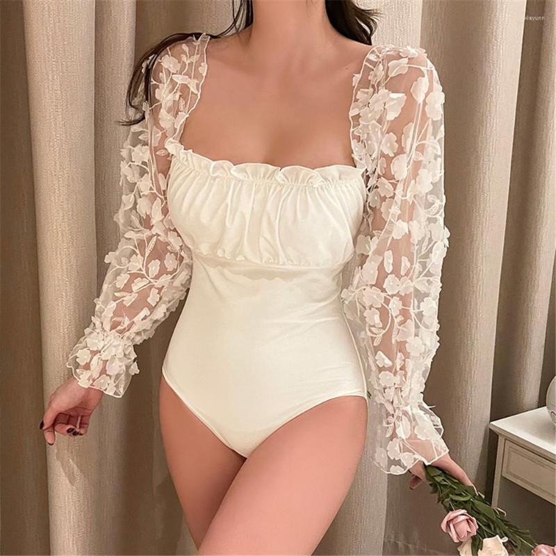

Women's Swimwear Lace Long Sleeve One Piece Swimsuit Women Solid White Velvet Monokini Up Trikini Push Pad Bathing Suit Floral, Xxf2522