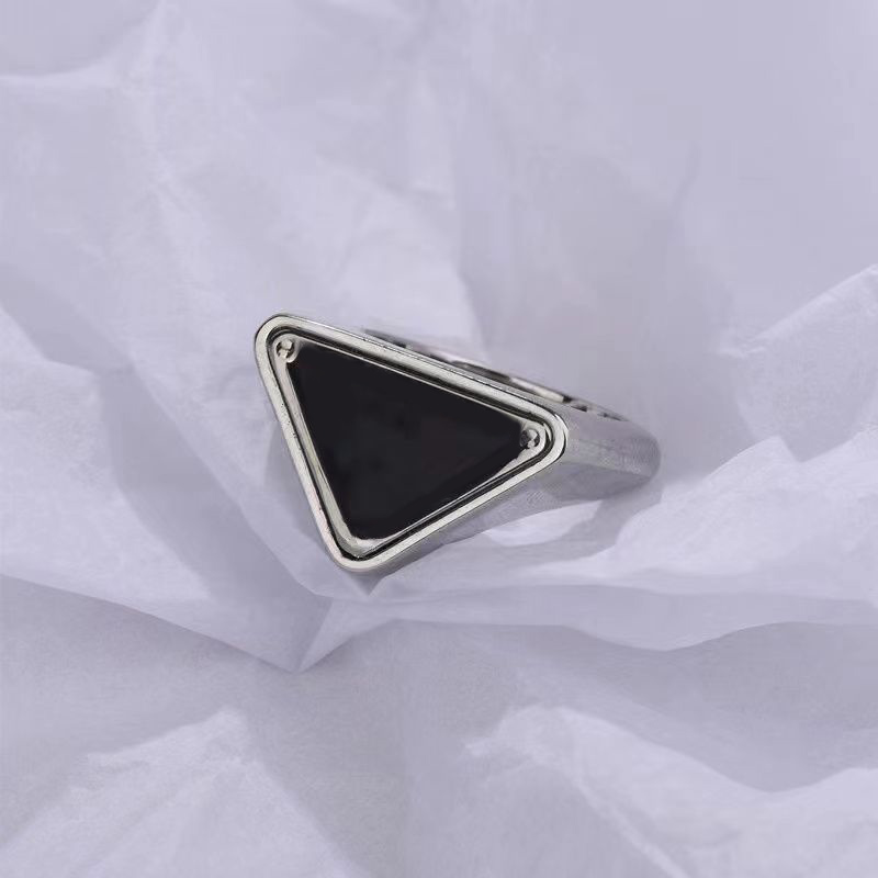 

Black triangle shape delicate designer ring thick lustrous enamel letters pattern distinctive luxury ring silver color engagement ring fashion cool ZB040 E23