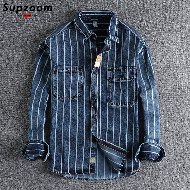 

Mens Casual Shirts Supzoom Arrival Top Fashion Brand Clothing Denim Full Turndown Collar Open Stitch Striped Men Chemise Casual Shirts 230316, Blue 1