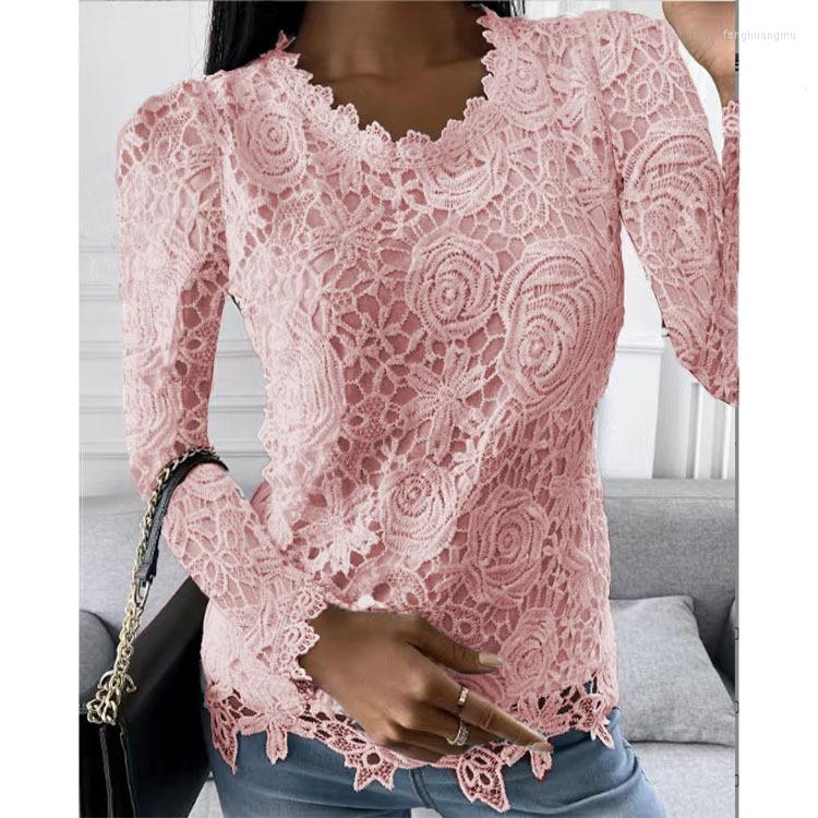 

Women's Blouses Women Top Autumn Winter Lace Long Sleeve Solid Color Round Neck Pullover Bubble Sexy Temperament Slim Fashion, Black