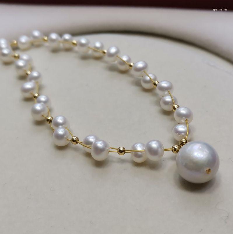

Choker Genuine Pearls Necklace White Potato And 11-12mm Thick Pearl Pendant 14KGF
