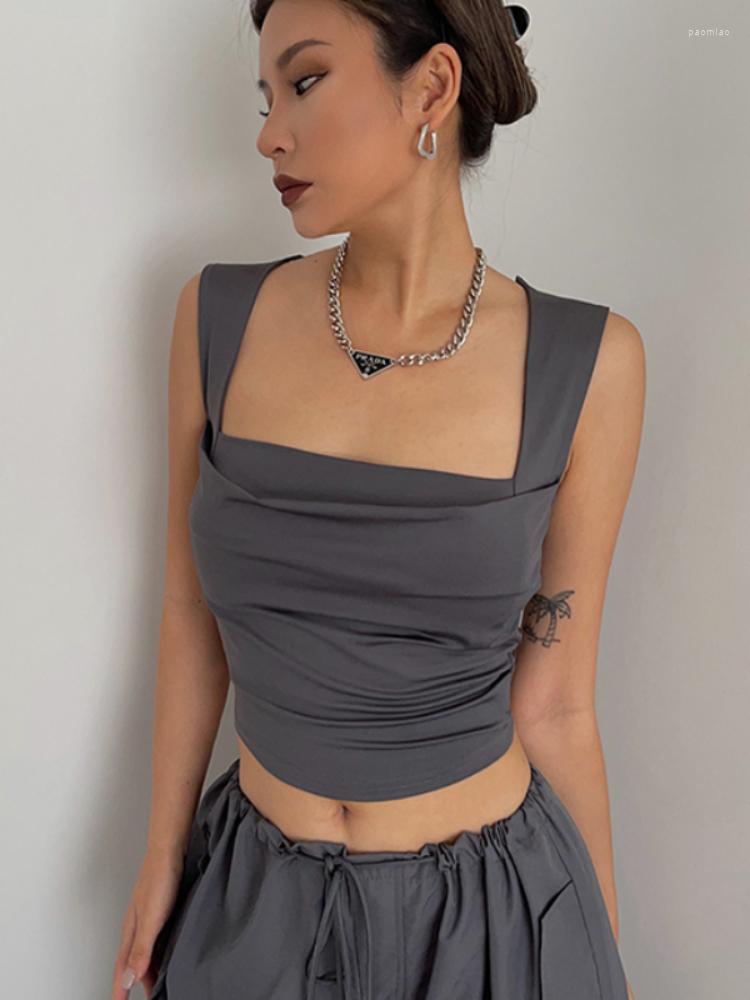 

Women' T Shirts High-quality 2023 Pleated Short Design Wide Shoulder Belt Meat Covering Suspender Female Vintage Y2k Top, Black