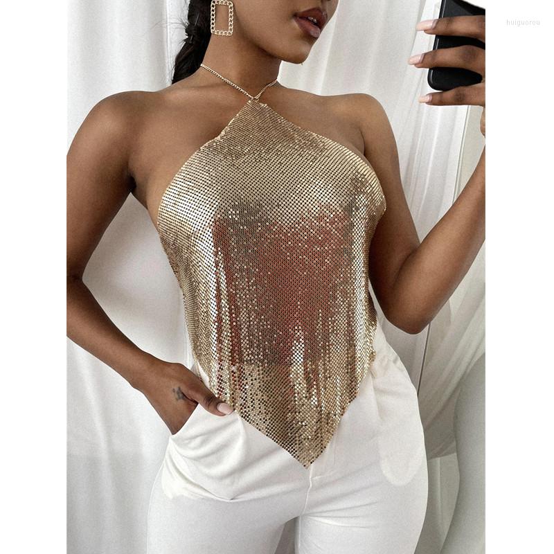

Women's Tanks Women Sexy Gold Shiny Sequined Crop Top Solid Color Mesh Pleated Low Neck Irregular Backless Short Vest Tank Tops For Summer