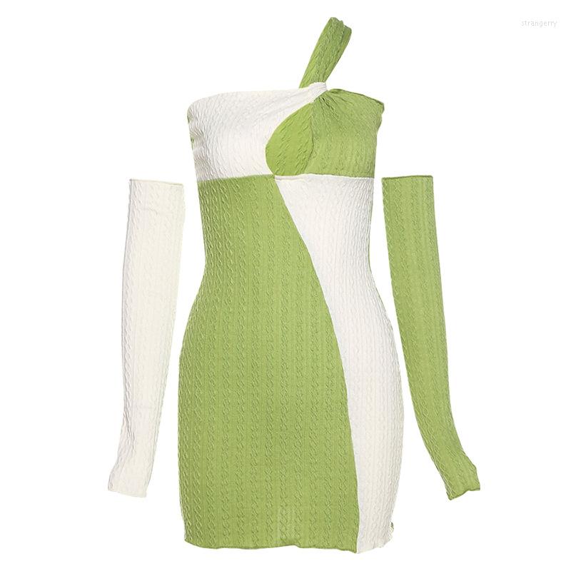 

Casual Dresses Spring Women' Sexy Slim High Waist Bag Hip Fashion Contrast Color One-shoulder Dress, Green