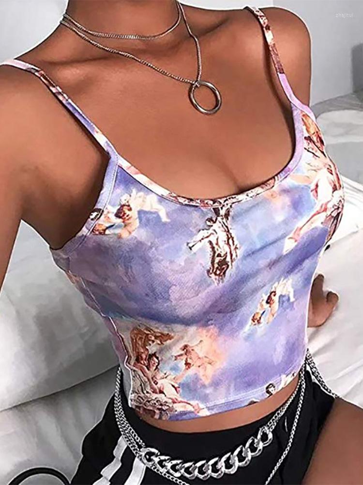 

Women' Tanks Sexy Slim Sling Angel Print Summer Camisole Women' Streetwear Short Cropped Navel Bra Top, Blue