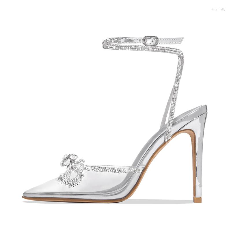 

Dress Shoes White Pointed Toe Transparent Bow Rhinestone Sexy Wedding High Heels Party Fashion, Silver