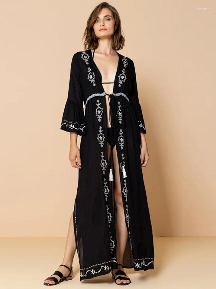 

Women's Swimwear Beach Cover Ups For Women Flower Embroidery Elegant Kimono Dress Bathing Suits Flare Sleeve Black Holiday Beachwear, Black kimono dress