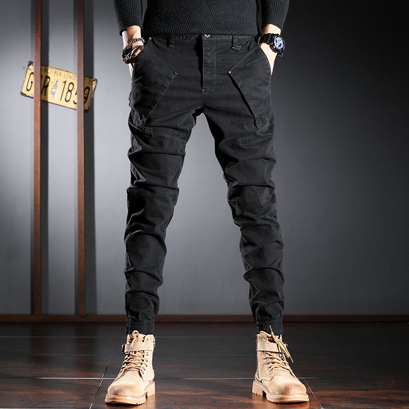 

Men's Jeans Streetwear Fashion Men Jeans Trousers Spliced Designer Elastic Slim Fit Casual Cargo Pants Hombre Hip Hop Joggers Men Overalls 230316, Khaki