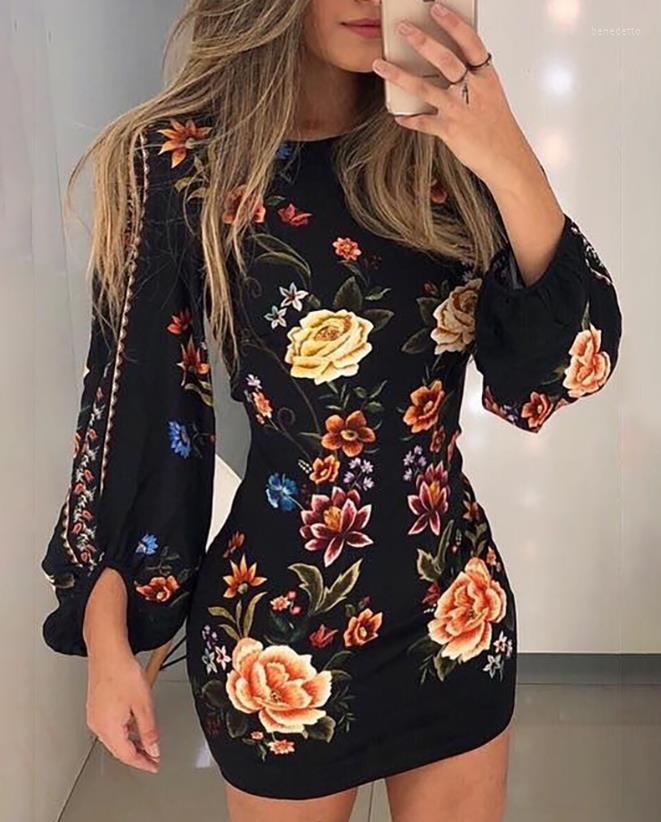 

Casual Dresses Sexy Dressed For Women 2023 Daily Round Neck Long Sleeve Cutout Lantern Floral Print Bodycon Mini Dress