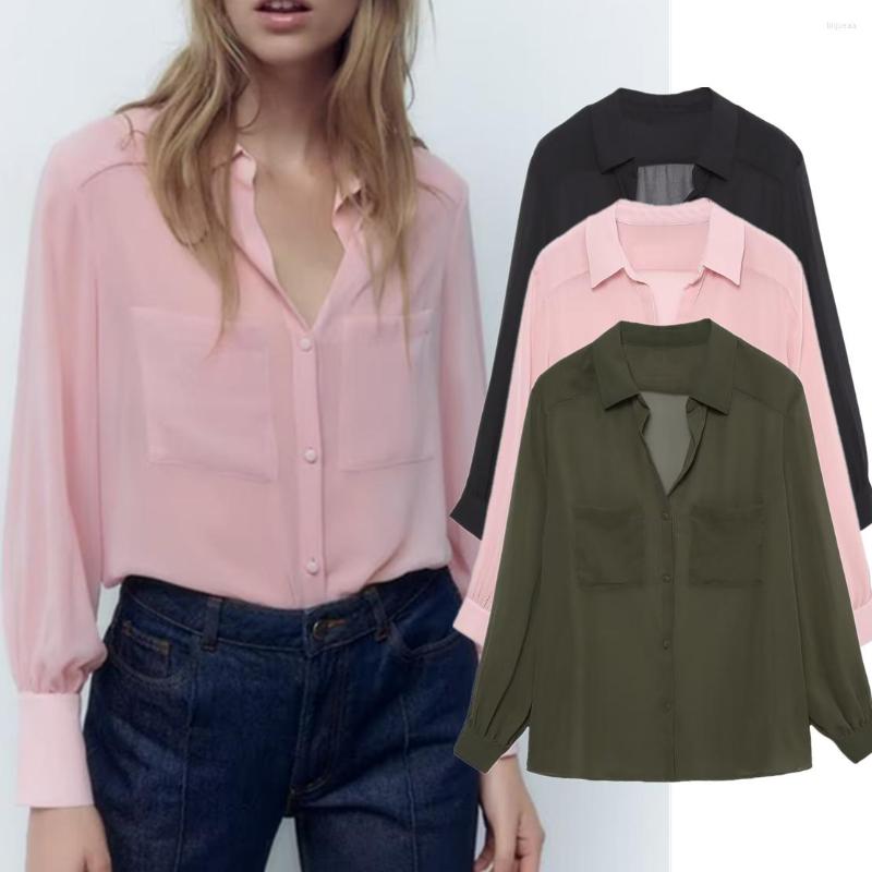 

Women's Blouses Maxdutti England Style Blouse Women Fashion Simple Pockets Long SLeeve Perspective, Black