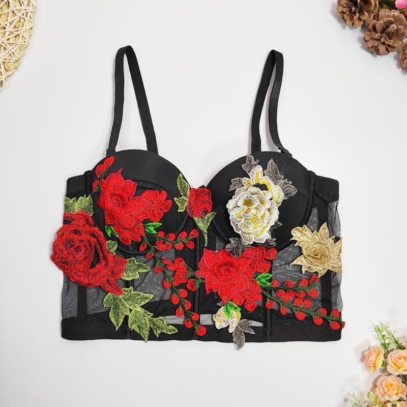 

Women' Tanks Sweet Gauze Embroidery 3D Flower Underwear Fishbone Women Fashion Sexy Sleeveless See-through Short Bustier Crop Tops J172, Black