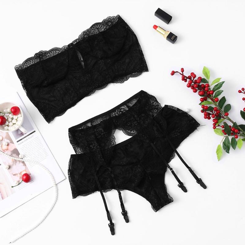 

Bras Sets Womens Sexy Lingerie Nightwear Underwear Sleepwear Lace Set Wireless Bra With Garter Belt G-string For Women, Black