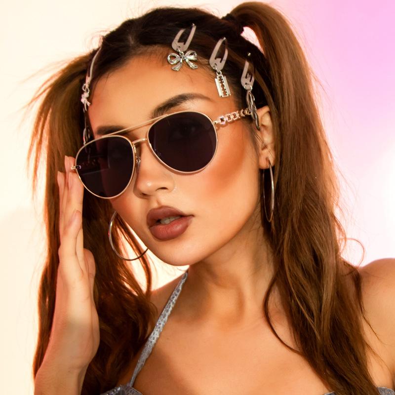 

Sunglasses 2023 Fashion Metal Frame Pilot Women Vintage Unique Chain Sun Glasses Female Summer Beach Shades