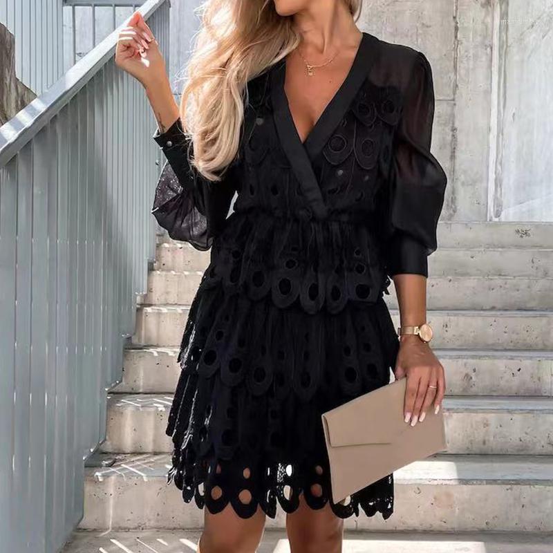 

Casual Dresses Sexy V-Neck Hollow Out Layered Cake Autumn Patchwork Elegant Dress For Women Party Fashion Peacock Mesh Holiday, 01 khaki
