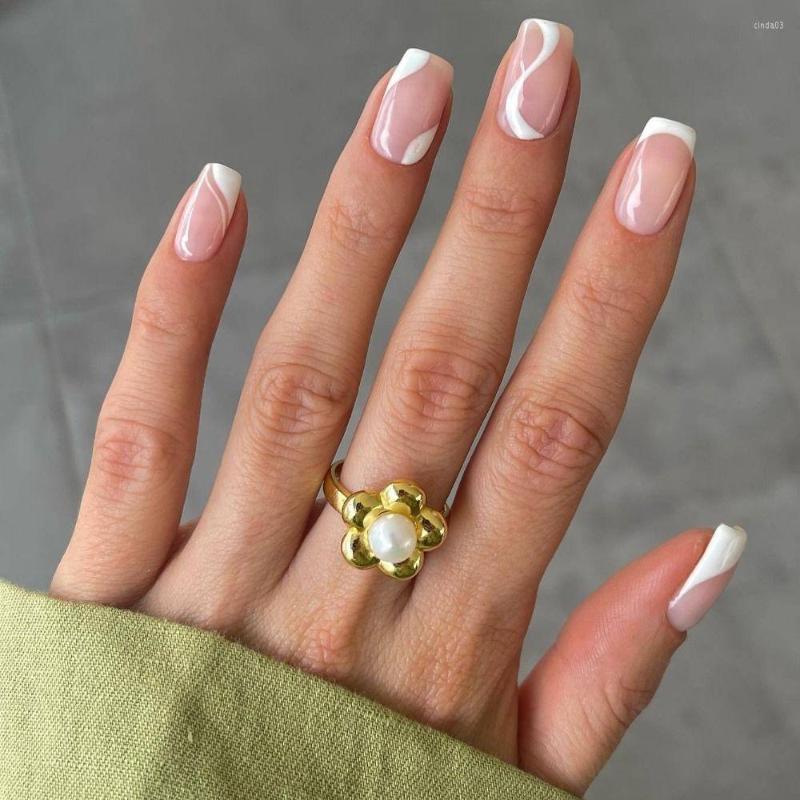 

False Nails 24pcs Nail Tips Crystal Wavy Full Cover Square Fake French Long, Jf0423