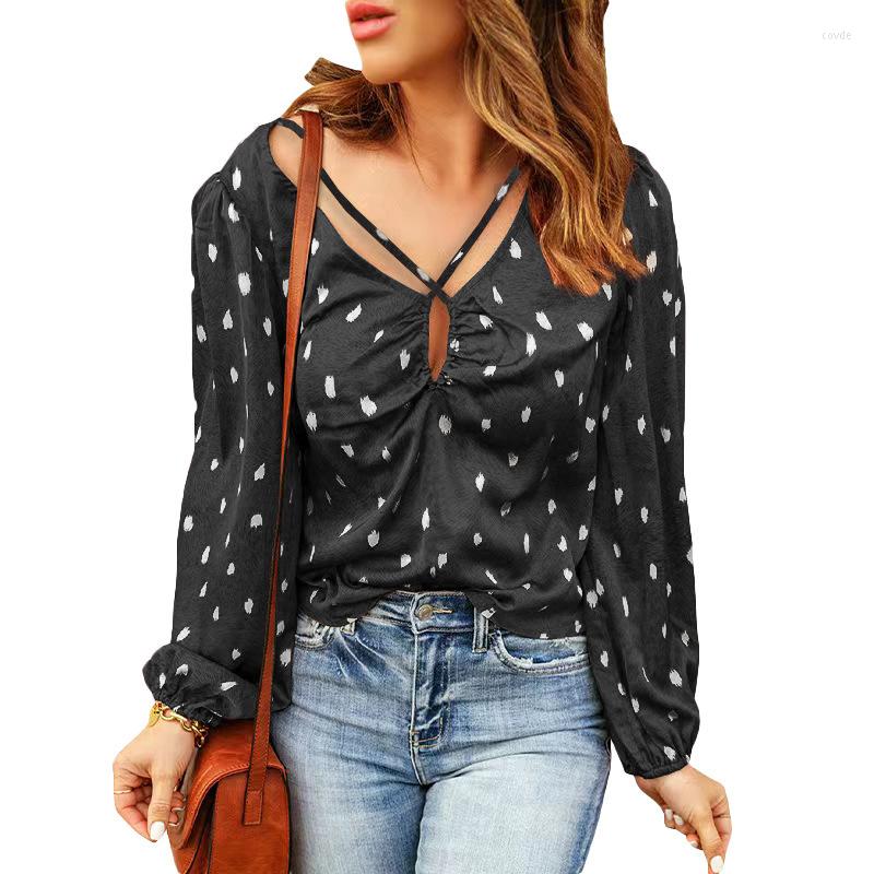 

Women's T Shirts 2023 European And American Print Polka Dot Shirt Women's Summer V-neck Cross Drawstring Puff Sleeve Top Women, Black