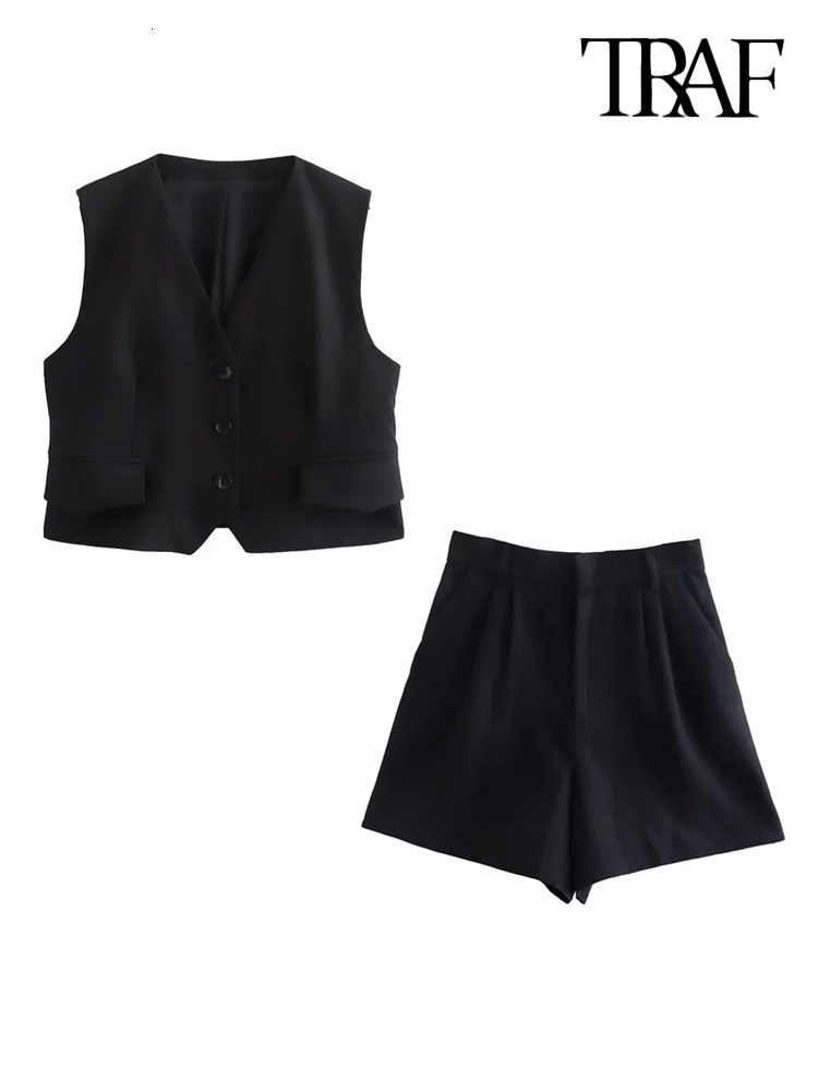 

Women's Two Piece Pants TRAF Women Fashion Front Buttons Waistcoat And High Waist Bermuda Shorts Female Two Pieces Sets Mujer 230316, Black