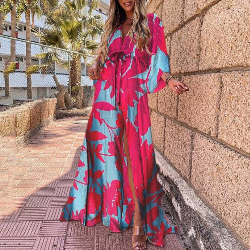 

Casual Dresses 2023 Summer Sexy Slim Split Hem Maxi Dress Elegant Elastic Waist Button Beach Long Women Fashion Print Deep V Boho, 02 pink