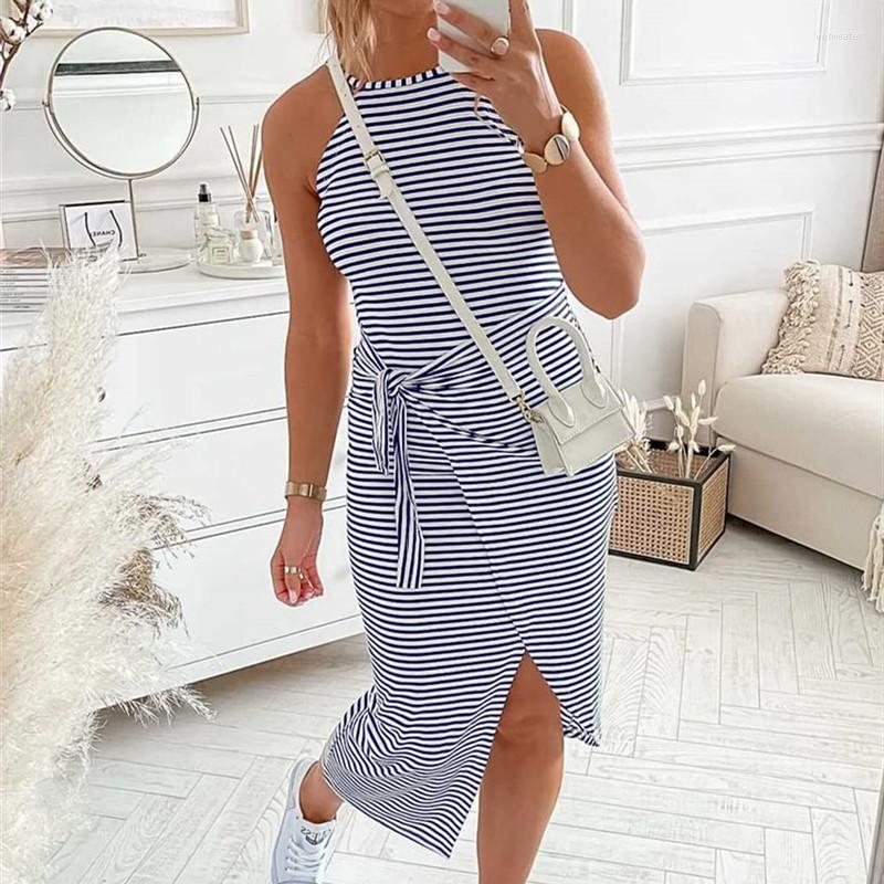 

Casual Dresses Stripe Women Dress Elegant Halter Neck Sleeveless Lace Up Black Sundress Summer Midi Vestidos