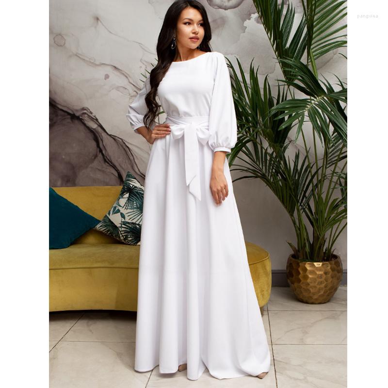 

Casual Dresses Autumn Women Bow Maxi Sashes Dress Ladies Lantern Sleeve O Neck Elegant Party Solid Fashion Long A603, White