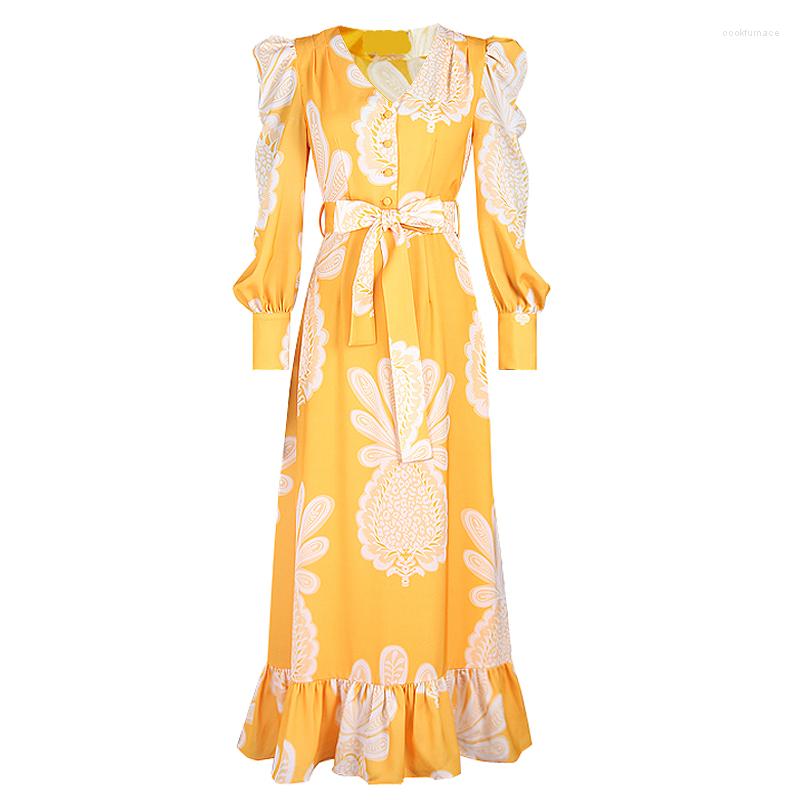 

Casual Dresses -XXL High Quality 2023 Fashion Printed V-Neck Slim Lace-Up Lantern Long Sleeve Ruffled Mid-Length Woman Dress, Yellow