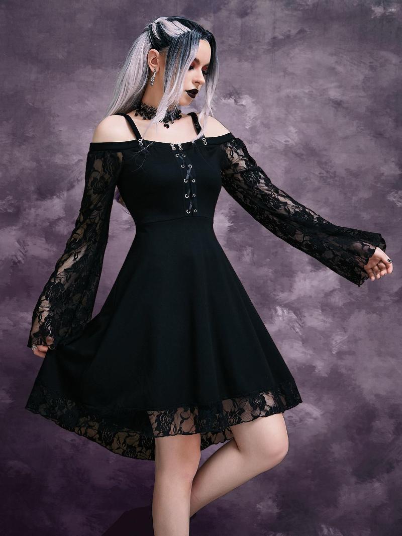 

Casual Dresses Suspender Lace-up Goth Dress Women Long Princess Sleeves Sexy Lace Gothic Women' Tube Top Party, Black