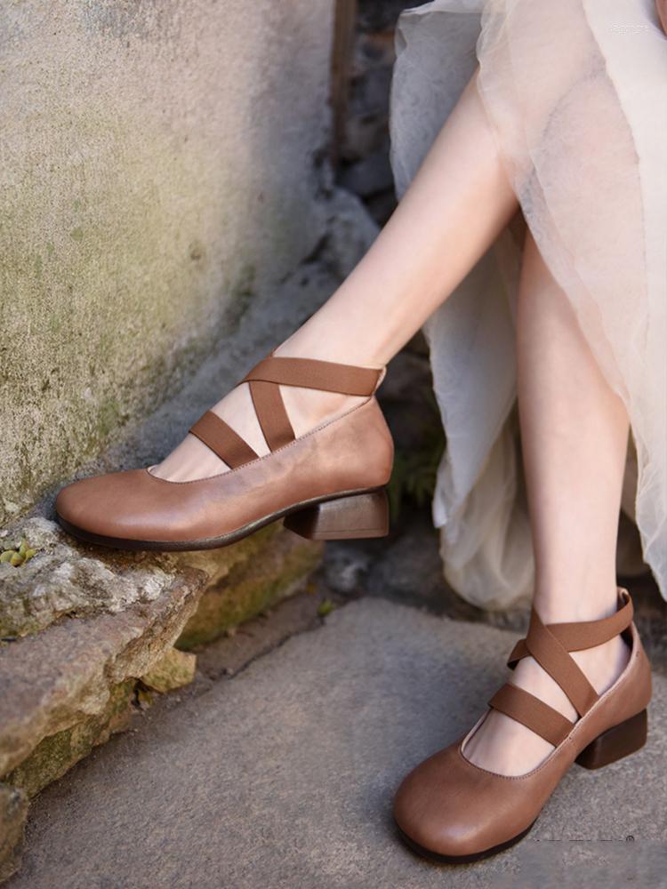 

Dress Shoes Artmu Retro Mid Heel For Women Cross Strapping Thick Soft Soles 2023 3cm Luxury Genuine Leather Ladies Pumps, Camel