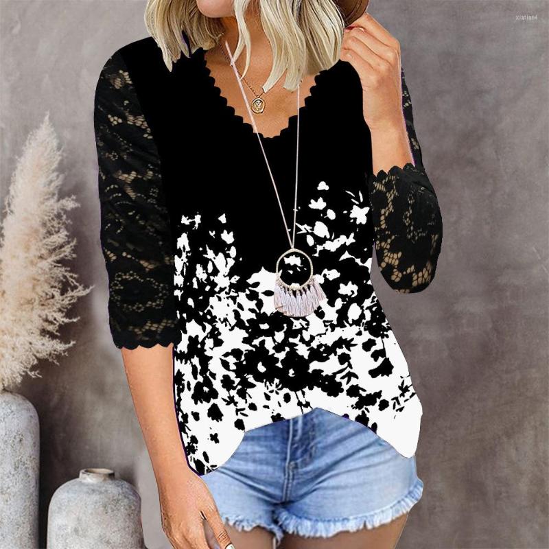 

Women' Blouses 2023 Spring Autumn Women' V Neck Floral Print Tees Top 3/4 Sleeve Lace Patchwork BlouseElegant Casual Loose Pullover, Style4