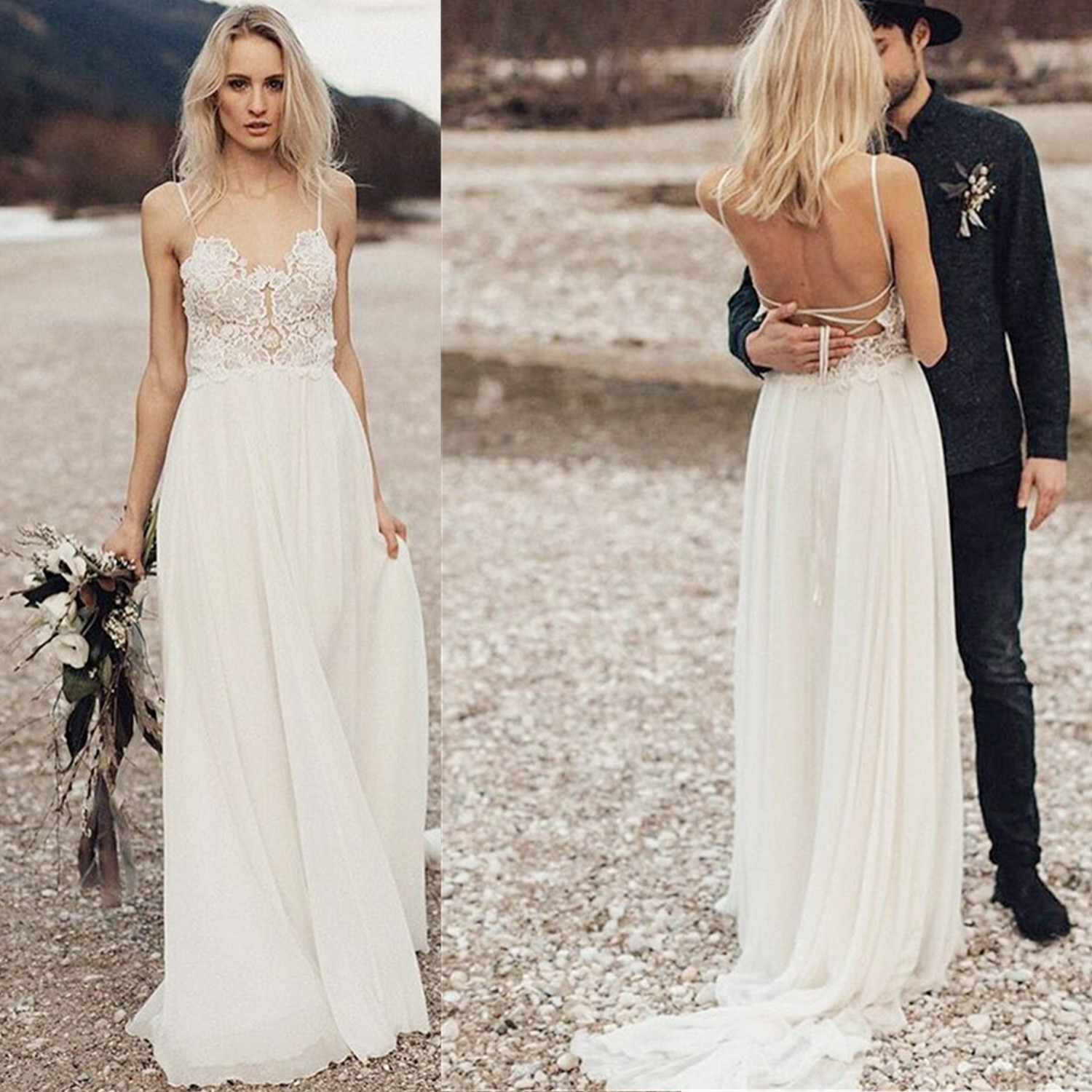 

New Sexy Gali Karten Garden Beach Wedding Dresses Sleeveless Spaghetti Straps Robe De Soiree Backless Long Boho Brdial Gowns, Champagne