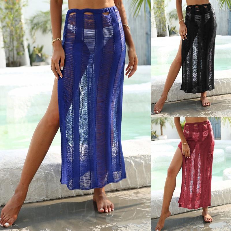 

Women' Swimwear 2023 Crochet Hollow Out Beach Skirts Sexy Women High Split Bikini Bathing Suit Cover-ups Wear Female, Blue