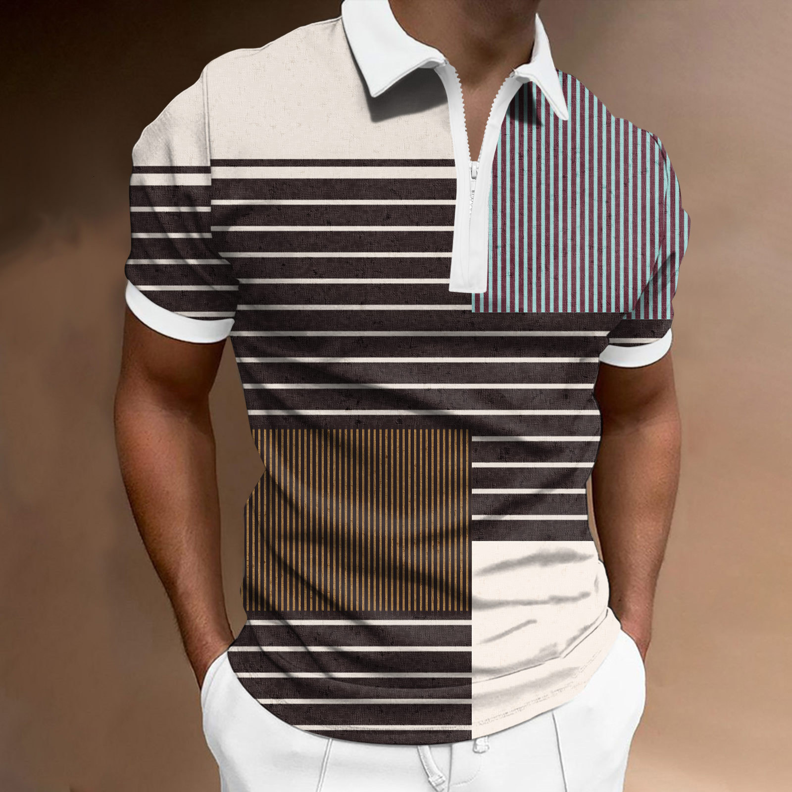 

Men' Polos Vintage Mens Polo Shirts Stripe Print Casual Streetwear Short Sleeve Lapel Zipper Polos Man Summer T shirts Graphic 3D Clothes 230316