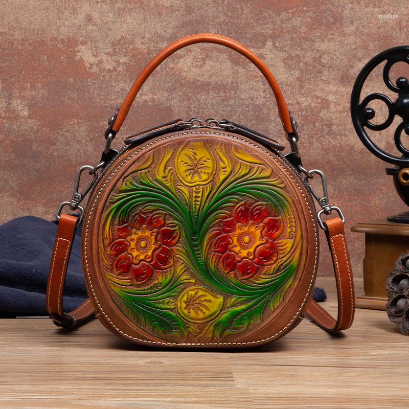 

Evening Bags Genuine Leather Women Bag 2023 Vintage Floral Natural Cowhide Handbag Handmade Embossed Circular Shoulder, Auburn