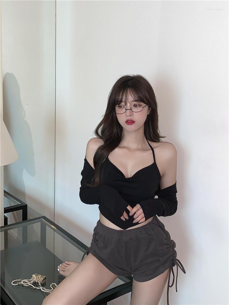 

Women's Tanks Summer Women Vest Suit Halter Crop Top Camisole Long Sleeve Solid Color Cardigan Sexy High Street Female Two Piece Sets 2023, Black