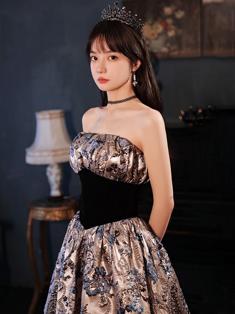 

Gorgeous Prom Dresses Print Satin Jacquard A Line Strapless Empire Lace Up Sleeveless Long Toast Party Evening Gowns Princess, Black