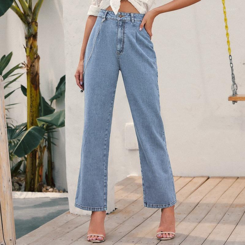 

Women's Jeans High Waist Chain Straight Denim Trouser Fashion Streetwear Casual Loose Blue Pants Elegant Trendy Office Lady